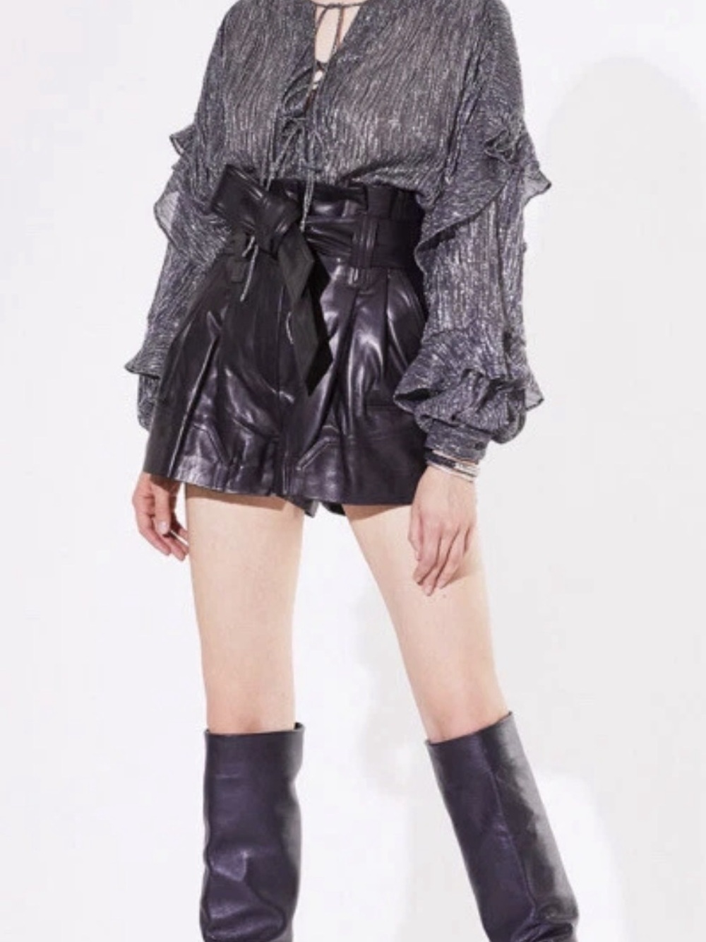 IRO Trivia Metallic Silver Pleated Ruffle Blouse luxury boho size 34/ XS
